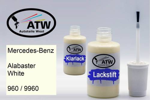 Mercedes-Benz, Alabaster White, 960 / 9960: 20ml Lackstift + 20ml Klarlack - Set, von ATW Autoteile West.